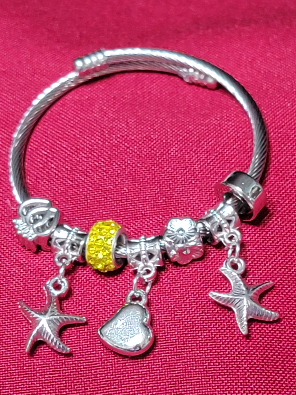 Silver Charm Bracelet with Yellow Crystal Bead and Starfish Charms